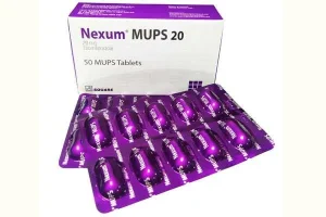 A box of Nexum MUPS 20 mg Esomeprazole with two purple blister packs containing 50 tablets.
