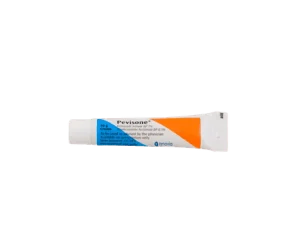 A single white tube of Pevisone cream with blue and orange labels, displaying the ingredients Econazole Nitrate and Triamcinolone Acetonide.
