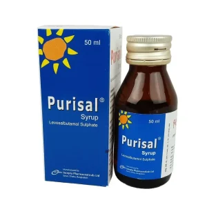 A 50 ml brown glass bottle of Purisal syrup standing next to its blue and white box.