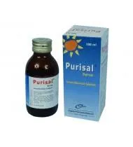 A 100ml brown glass bottle of Purisal syrup next to its blue and white cardboard box.