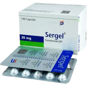 একটি সার্জেল ২০ মিগ্রা ওষুধের বক্সের সামনে সাজানো দুটি ব্লিস্টার প্যাক।