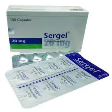A box of Sergel 20mg capsules next to a blister pack on a white background.