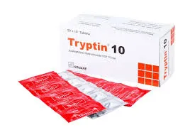 A box and red foil blister strips of Tryptin 10mg tablets by Square Pharmaceuticals.