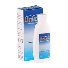 A box and a bottle of Unix-C lotion containing Permethrin 5% and Cetrimide 0.5% for skin treatment.