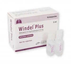 A perspective view of a Windel Plus medication box alongside two clear plastic $3\text{ ml}$ ampoules. The box is white with purple accents, displaying the product name, active ingredients, and manufacturer information for Incepta Pharmaceuticals.