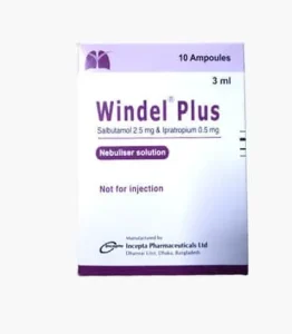 Front view of a white box for Windel Plus Nebuliser solution with purple accents. The label lists the ingredients as Salbutamol $2.5\text{ mg}$ and Ipratropium $0.5\text{ mg}$. It specifies the pack contains 10 ampoules of $3\text{ ml}$ each and is manufactured by Incepta Pharmaceuticals Ltd.