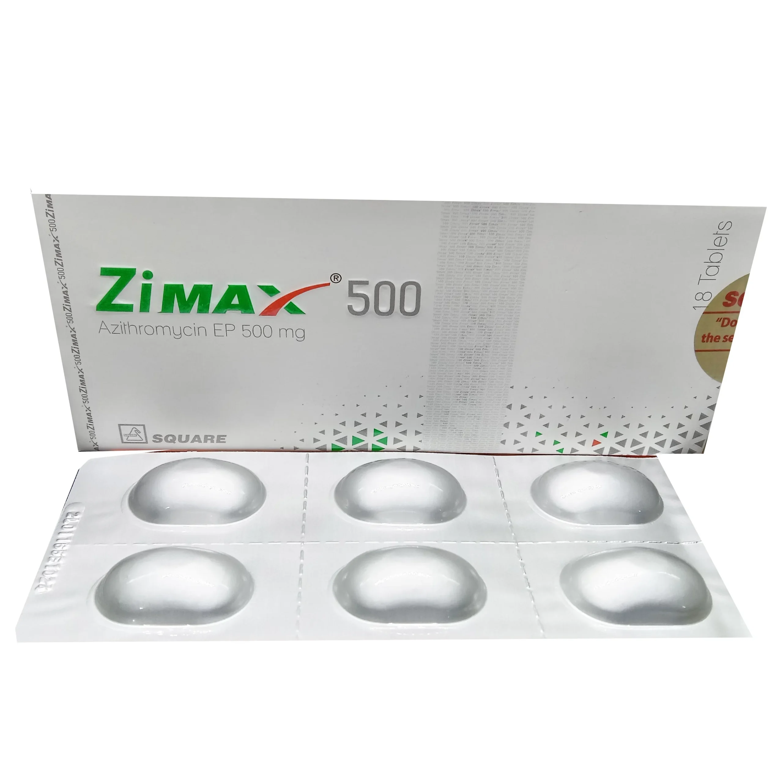 A white box of Zimax 500 mg Azithromycin tablets positioned behind a silver blister strip containing six tablets.