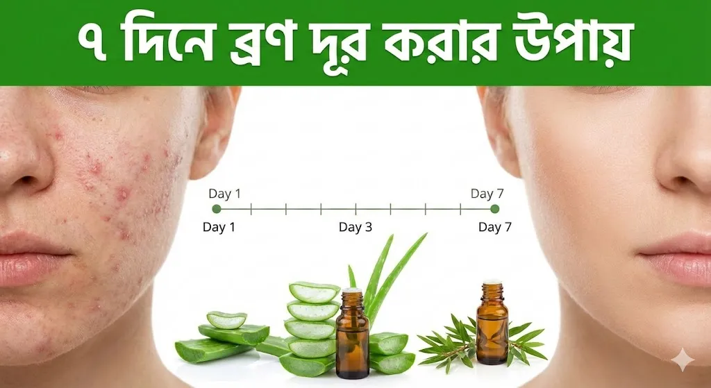 ৭ দিনে ব্রণ দূর করার আগে এবং পরের ত্বকের তুলনা, সাথে প্রাকৃতিক উপাদান হিসেবে অ্যালোভেরা এবং এসেনশিয়াল অয়েল।
