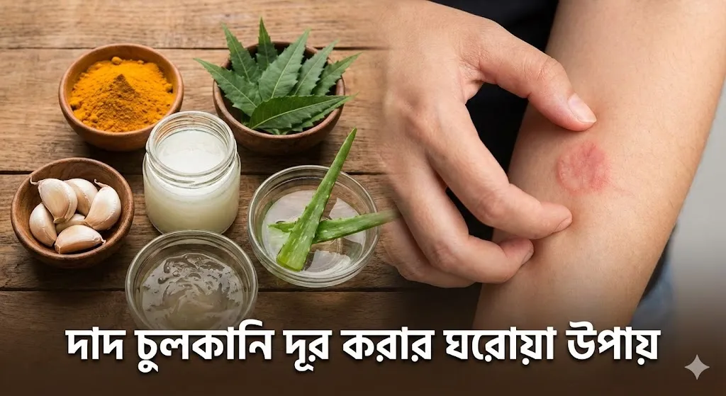 দাদ বা ফাঙ্গাল ইনফেকশন আক্রান্ত হাত এবং দাদ চুলকানি দূর করার ঘরোয়া উপায় হিসেবে ব্যবহৃত প্রাকৃতিক উপাদানের সমাহার।