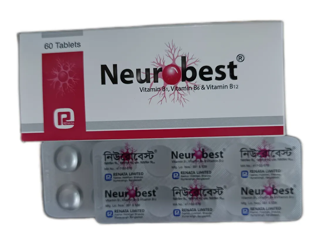 A box and blister pack of Neurobest tablets by Renata Limited, containing a combination of Vitamin B1, Vitamin B6, and Vitamin B12 for nerve health.