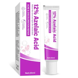 A 20ml tube and matching box of 12% Azelaic Acid cream. The packaging is white with purple accents and features text highlighting its use for repairing acne and skin discoloration