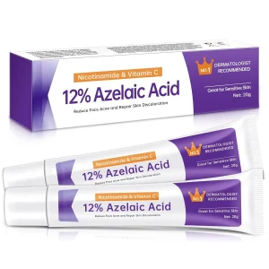 Product packaging and two tubes of 12% Azelaic Acid cream featuring Nicotinamide and Vitamin C, designed for sensitive skin and acne repair.
