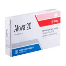 A white rectangular box of Atova 20 film-coated tablets with red and blue accents, showing the active ingredient Atorvastatin 20 mg by ACME Pharmaceuticals.