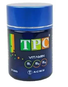 A dark blue bottle of ACME TPC Vitamin $B_1$, $B_6$, and $B_{12}$ supplements containing 30 tablets.