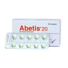 A white box labeled Abetis 20 with a silver blister pack containing ten light green tablets.