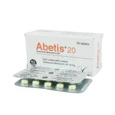 A box of Abetis 20 medication shown with two silver blister strips containing small, round tablets.