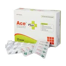 A white box of Ace Plus medication by Square Pharmaceuticals, containing Paracetamol and Caffeine tablets, shown with several silver foil blister packs on a white background.