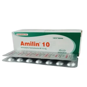 A product photo of Amilin 10 mg tablets showing the white and green branded box and a silver blister pack of pills.