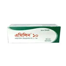 এমিলিন ১০ ((Amilin 10 mg) ট্যাবলেটের সাদা এবং সবুজ রঙের একটি প্যাকেজিং বক্সের ছবি।