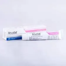 A white tube and cardboard box of Anustat ointment displayed on a clean white background.