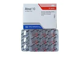 A product shot of Atova 10 (Atorvastatin 10 mg) tablets, showing the white and blue cardboard packaging by Beximco Pharmaceuticals alongside a silver foil blister pack of pills.