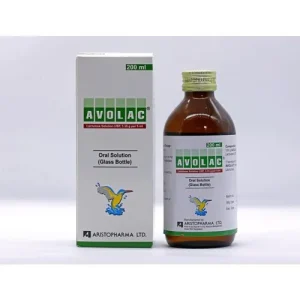 An image showing a 200ml glass bottle of Avolac Oral Solution next to its white and green cardboard box, both displaying a kingfisher logo.