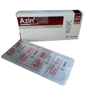 A white and red box of Azin 500 (Azithromycin 500mg) tablets shown alongside a silver blister pack strip, manufactured by ACME.