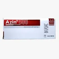 একমি (ACME) কোম্পানির তৈরি আজিন ৫০০ (Azin 500) মিলিগ্রাম অ্যাজিথ্রোমাইসিন ট্যাবলেটের প্যাকেজিং বা বক্স।