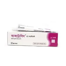 A side view of a white rectangular box for Bactrocin 2% ointment featuring Bengali script, purple accents, and the Square Pharmaceuticals logo.