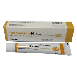 A white and yellow box and tube of Betameson-N Cream containing Betamethasone and Neomycin Sulphate.