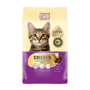 A bag of Billi brand kitten food, chicken flavor, featuring a tabby kitten and a hen illustration. It includes labels for "Complete & Balanced food" and "100% Satisfaction."