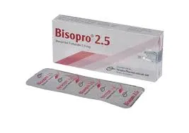 A photo of a white rectangular box and a silver blister pack of Bisopro 2.5 tablets, which contain Bisoprolol Fumarate 2.5 mg.