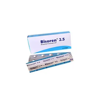 বিসোরেন ২.৫ মিলিগ্রাম(Bisoren 2.5 mg) (বিসোপ্রোলল ফিউমারেট) ওষুধের বক্স এবং ট্যাবলেটের একটি পাতা।