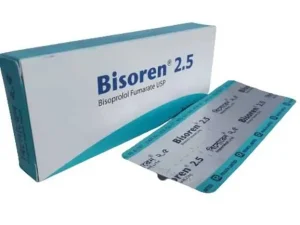 A box and a silver blister pack of Bisoren 2.5 tablets, containing Bisoprolol Fumarate USP, used for cardiovascular health.