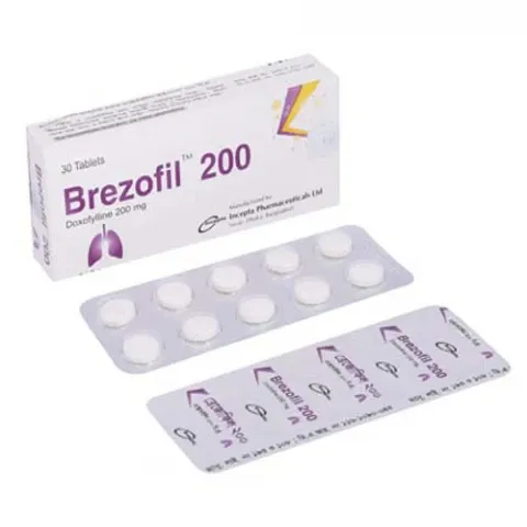 A white and purple box of Brezofil 200 tablets, which contain Doxofylline 200mg, displayed alongside a blister pack of small white round pills.