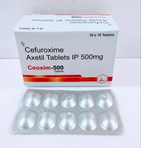 A white box labeled Ceoxim-500 Cefuroxime Axetil Tablets IP 500mg, shown with a silver blister pack containing ten tablets.