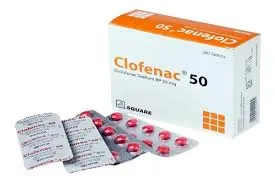 A white and orange box of Clofenac 50 by Square Pharmaceuticals, shown alongside three blister packs containing small, round red tablets.
