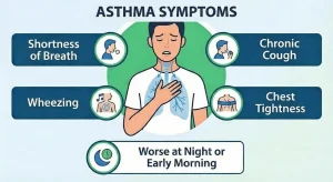 Illustrated infographic of asthma symptoms showing a man with discomfort, hand on chest and highlighted lungs; surrounded by icons and labels for shortness of breath, chronic cough, wheezing, chest tightness, and note that symptoms often worsen at night or early morning.