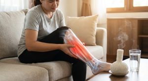 পায়ের মাংসপেশিতে ব্যথার স্থান এবং পেশির টান অনুভব করার একটি প্রতীকী দৃশ্য।