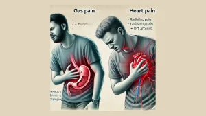 একটি ইনফোগ্রাফিক যেখানে গ্যাসের ব্যথা এবং হৃদরোগের ব্যথার লক্ষণের মধ্যে প্রধান পার্থক্যগুলো ছবিসহ দেখানো হয়েছে।