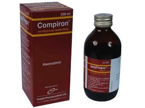 A brown box and a matching glass bottle of Compiron, an iron polymaltose complex syrup used as a haematinic, manufactured by Incepta Pharmaceuticals.