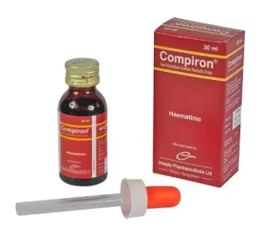 A 30ml bottle of Compiron Iron Polymaltose Complex Paediatric Drops displayed next to its red cardboard packaging and a white-and-orange medicine dropper on a plain white background.