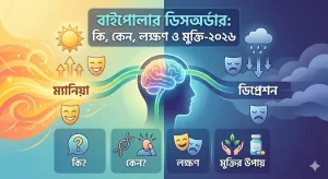একটি ইনফোগ্রাফিক যেখানে বাইপোলার ডিসঅর্ডারের দুটি পর্যায় (ম্যানিয়া ও ডিপ্রেশন) এবং এর কারণ, লক্ষণ ও প্রতিকারের উপায়গুলো সংক্ষেপে তুলে ধরা হয়েছে।