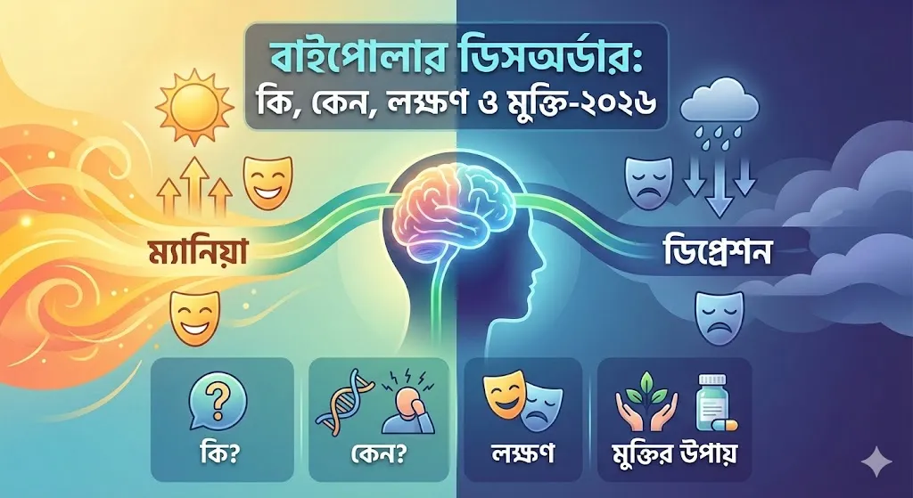একটি ইনফোগ্রাফিক যেখানে বাইপোলার ডিসঅর্ডারের দুটি পর্যায় (ম্যানিয়া ও ডিপ্রেশন) এবং এর কারণ, লক্ষণ ও প্রতিকারের উপায়গুলো সংক্ষেপে তুলে ধরা হয়েছে।