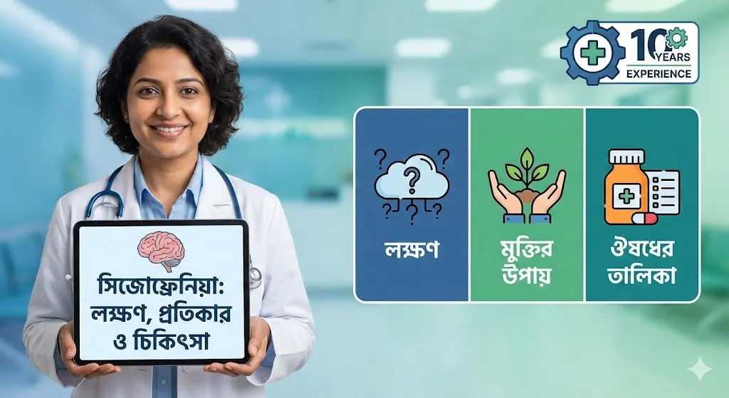 একজন নারী চিকিৎসক হাতে একটি ডিজিটাল ট্যাবলেট ধরে আছেন যেখানে 'সিজোফ্রেনিয়া: লক্ষণ, প্রতিকার ও চিকিৎসা' লেখা রয়েছে; পাশে লক্ষণ, মুক্তির উপায় এবং ঔষধের তালিকার প্রতীকী আইকন প্রদর্শিত হচ্ছে।