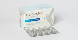 A box of Coralcal-D Calcium and Vitamin D3 500mg tablets with a silver blister pack displayed on a white background.