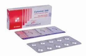 A white and red box of Cytomis 200 Misoprostol 200 mcg tablets shown next to two silver blister strips.