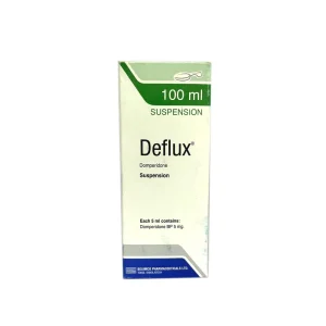 A front-facing shot of a Deflux Domperidone suspension box, 100ml size, showing the green and white branding by Beximco Pharmaceuticals.