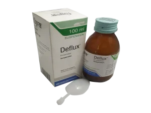 বেক্সিমকো ফার্মাসিউটিক্যালসের ডিফ্লাক্স(Deflux) ডম্পেরিডন ১০০ মিলি সাসপেনশন ওষুধের বোতল, কার্টন এবং একটি সাদা মাপার চামচ।