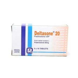 A white rectangular box of Deltasone 20 tablets, featuring the generic name Prednisolone 20mg. The box is manufactured by Renata Limited and includes orange, blue, and purple design accents.